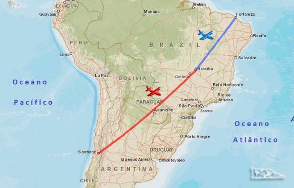 Nossa rota de avião entre Santiago, no Chile, e Fortaleza, no Ceará, fazendo escala na capital Brasília